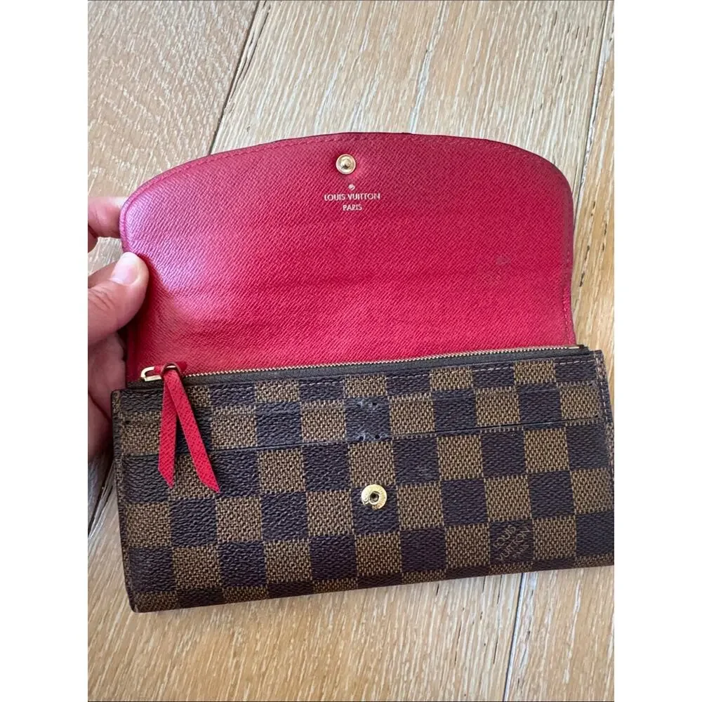Louis Vuitton Damier Ebene Emilie Wallet Red Interior Long Wallet Dust Bag